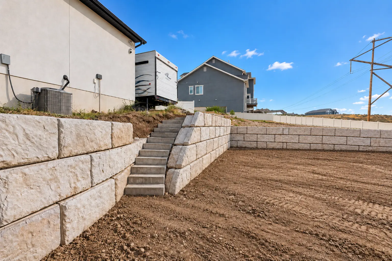 Stone retaining wall with integrated concrete steps
