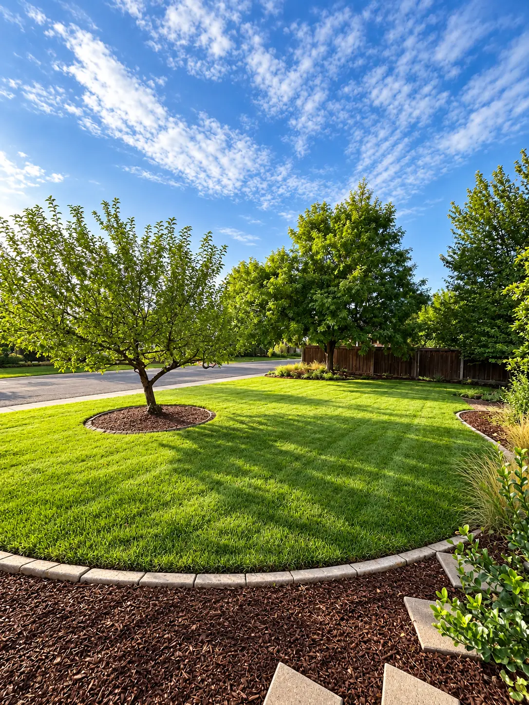 Finished lawn with mature trees and curved landscape beds