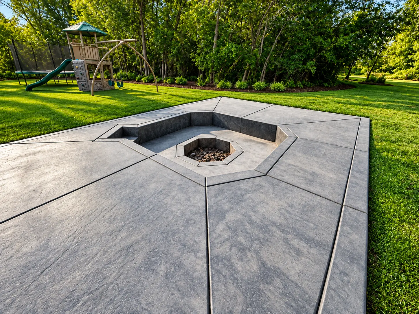 Concrete patio with built-in seating and central fire pit