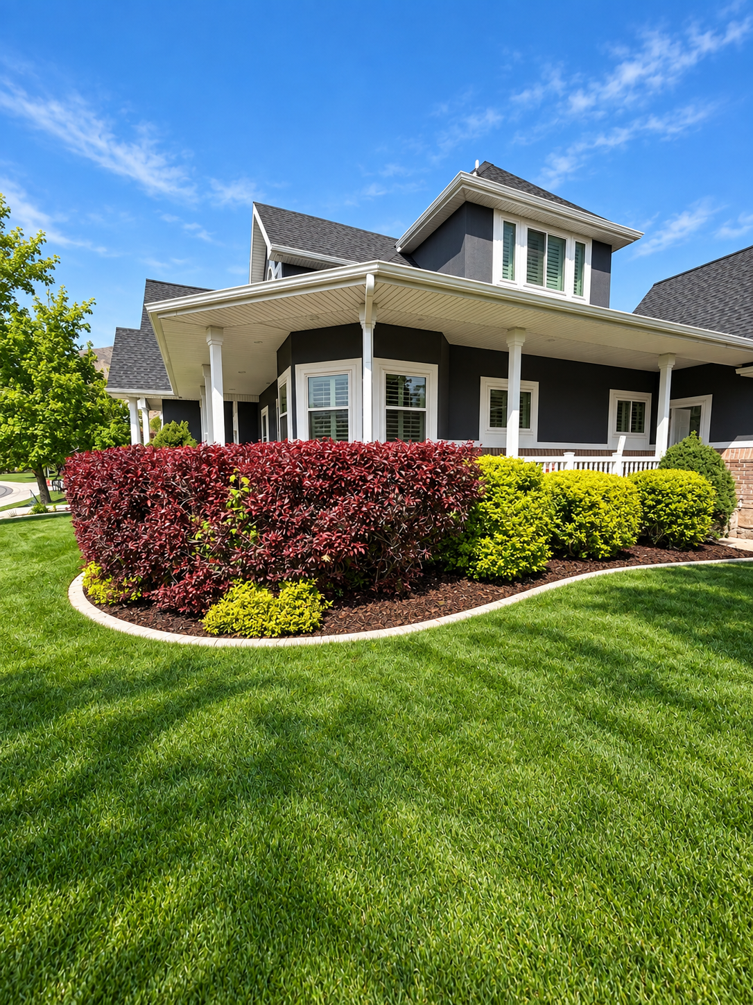 Finished lawn with shrubs and landscaped planting beds
