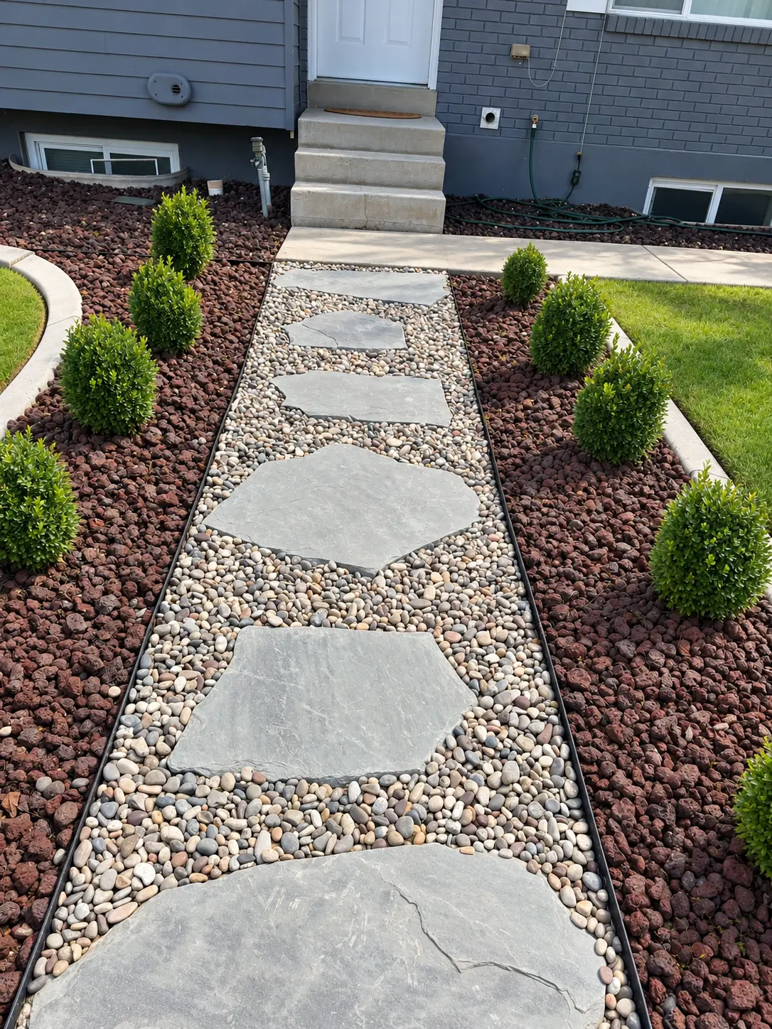 Flagstone walkway with decorative rock and shrubs beside a residential home