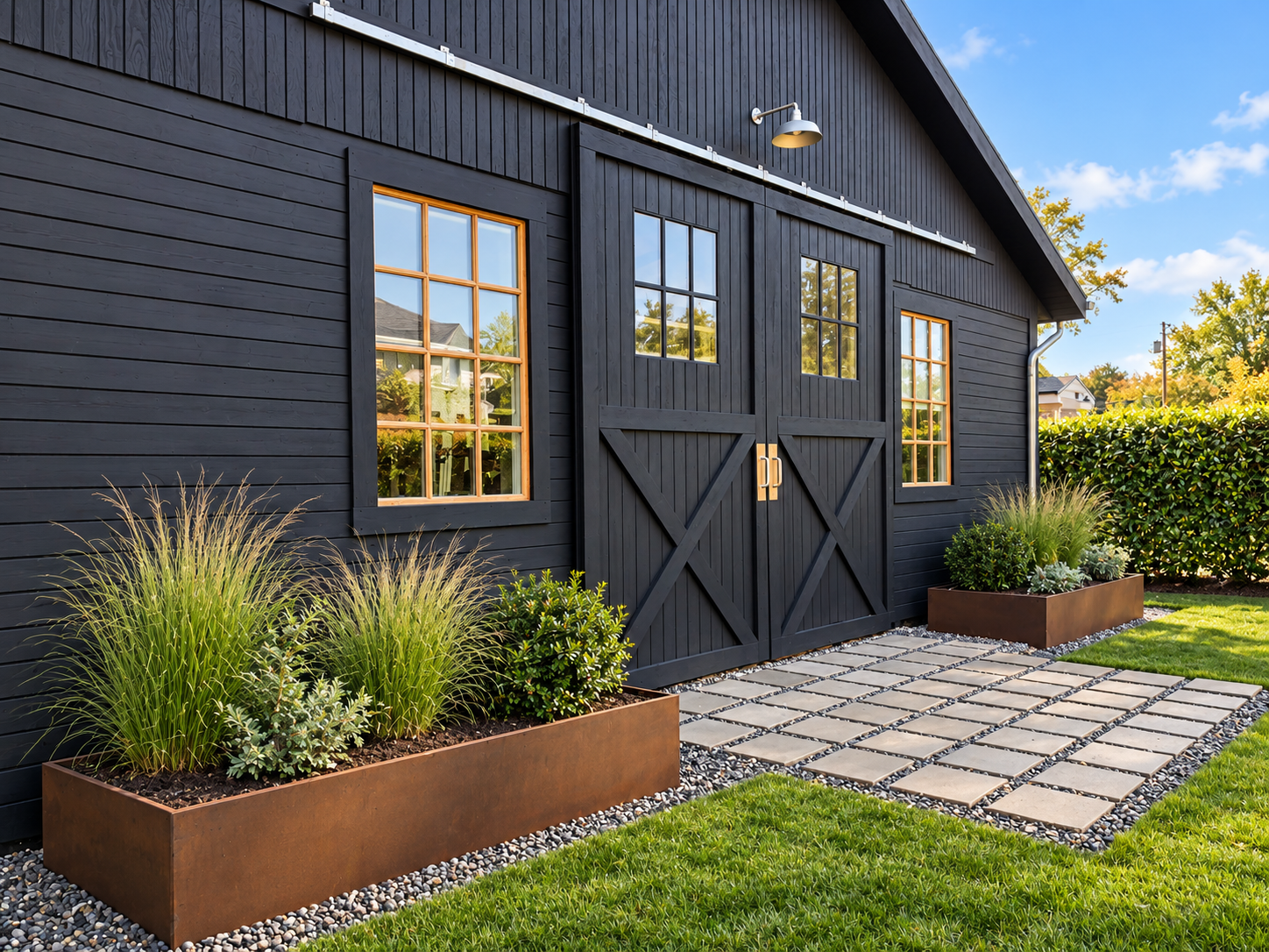 Black barn with paver walkway, raised planters, ornamental grasses, and lawn