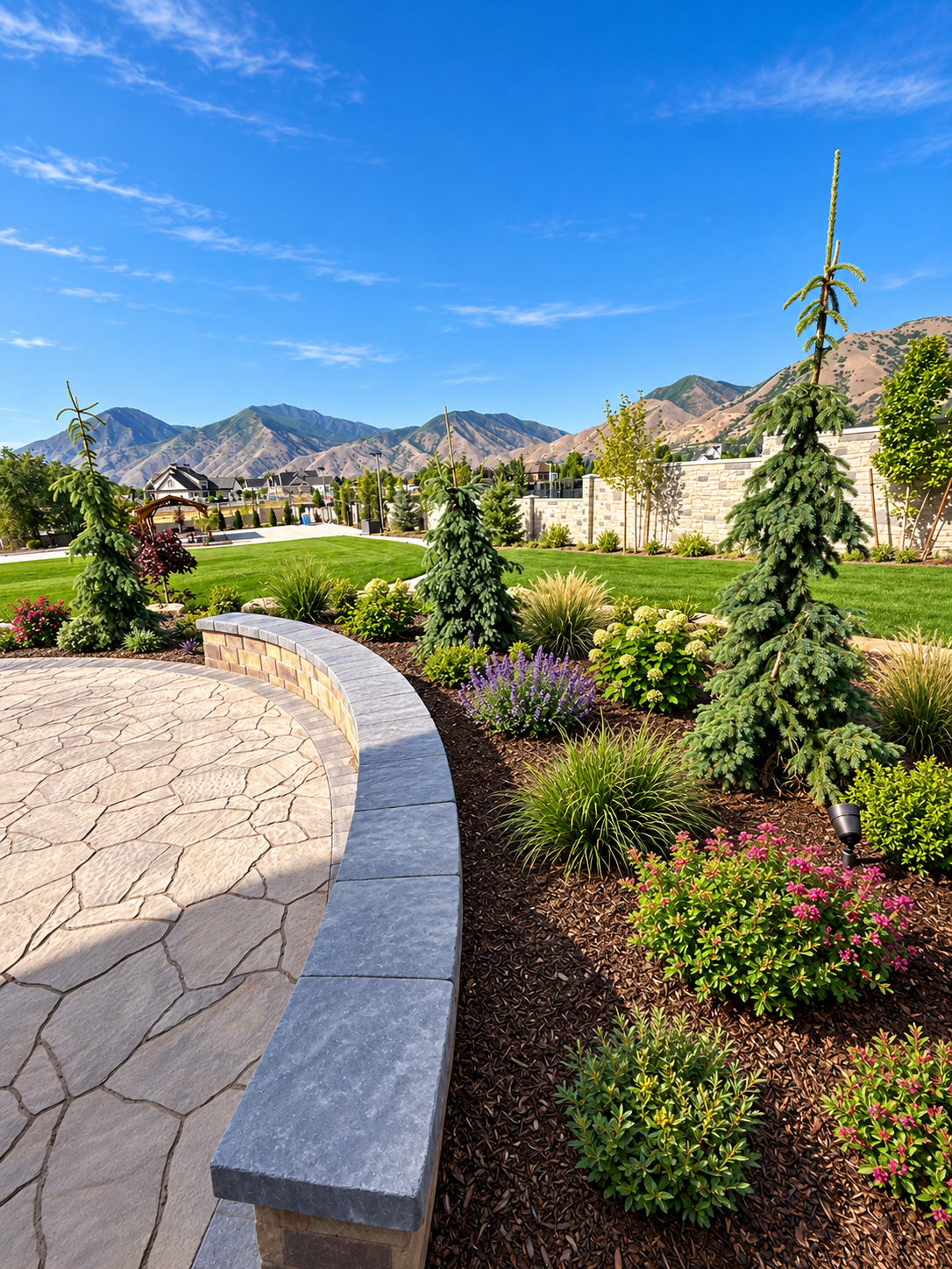 Completed landscape with lawn, trees, shrubs, planting beds, and curved hardscape